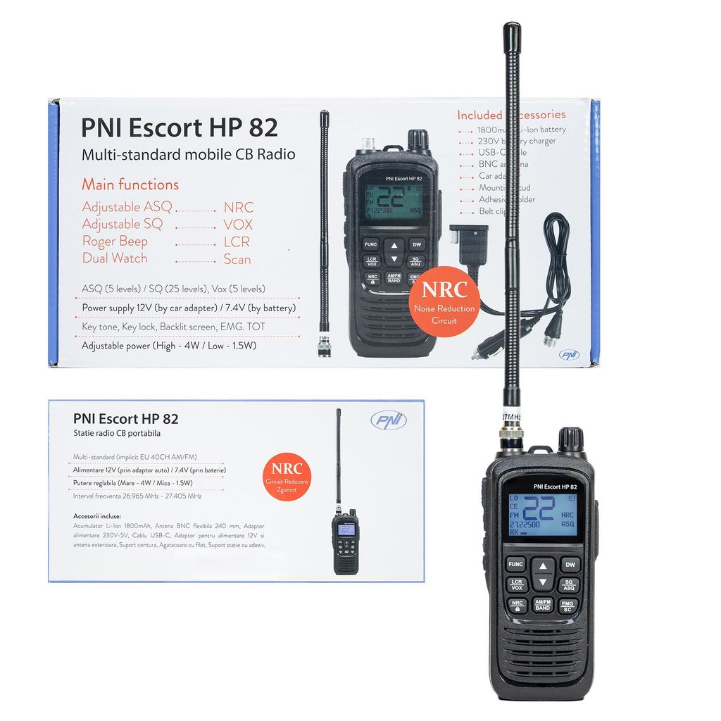 A collage showing the PNI Escort HP 82 CB radio and its packaging.