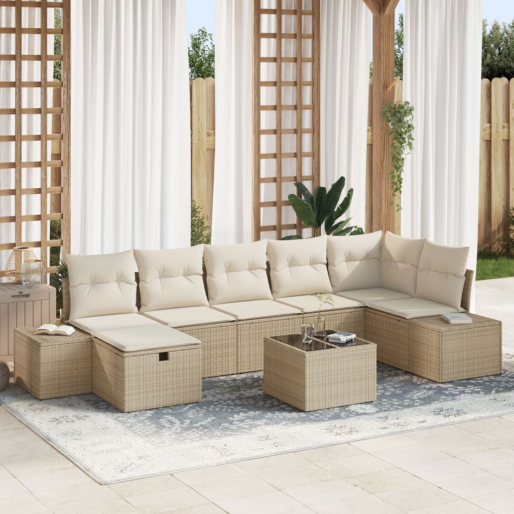 ZMH 8-teiliges Garten Sofaset mit Kissen Beige Poly Rattan