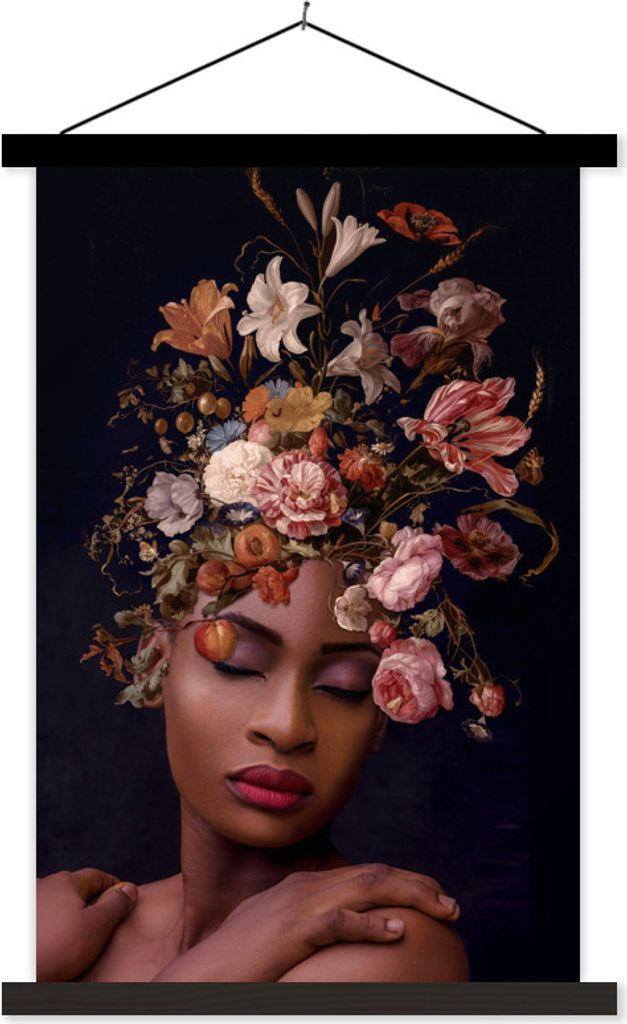 MuchoWow Textilposter Frau - Blumenstrauß - Make-up 60x90 cm mit schwarzem Rahmen - Poster Wohnzimmer