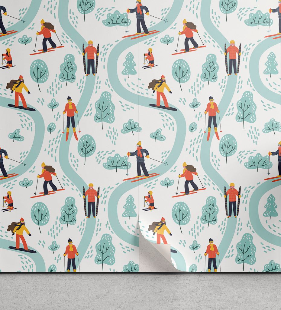 ABAKUHAUS Ski-Muster abziehbare & klebbare Tapete für Zuhause, Skifahren Menschen auf Kurs, selbstklebendes Wohnzimmer Küchenakzent, 33 cm x 180 ...