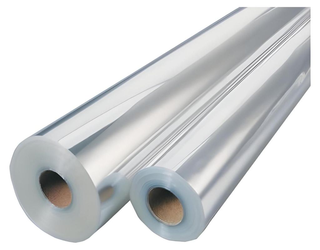 Two rolls of clear plastic film on cardboard cores, presented against a white background.
