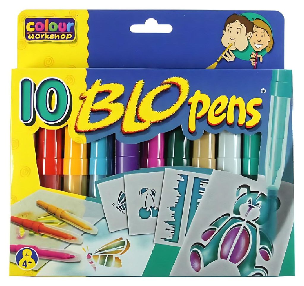 The image shows the packaging of a set of 10 'BLO pens' from Colour Workshop, along with some of the pens and stencils.
