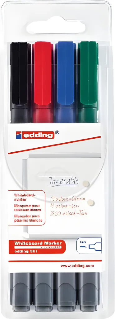 EDDING 361-4S Marcatore per lavagne 361, 1 mm, punta tonda, 4 pezzi, assortiti