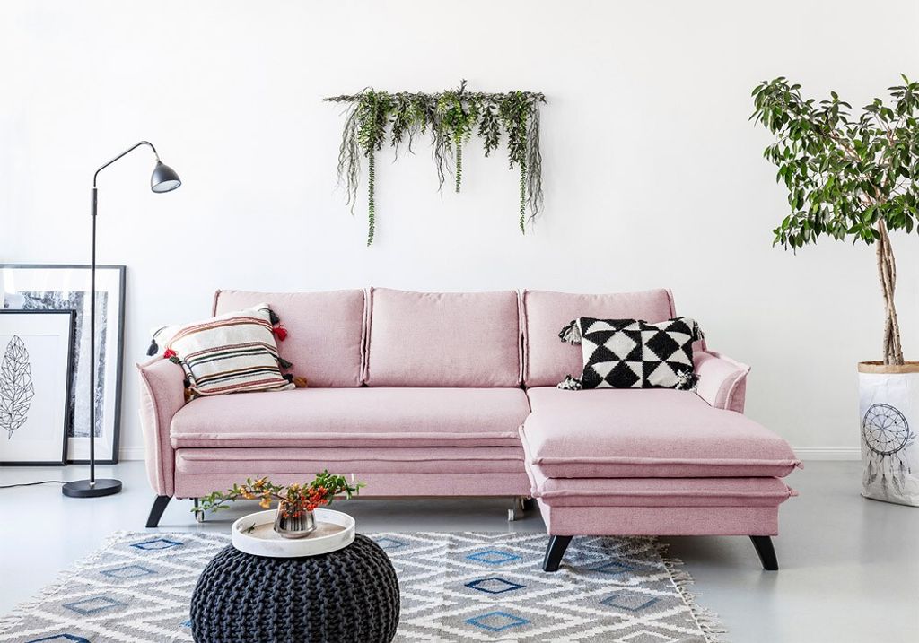 MIUFORM Charming Charlie - Ecksofa mit Bettfunktion und Bettkasten L-FORM RECHTS - 228x150cm - Puderrosa - Sofa Schlafsofa Couch