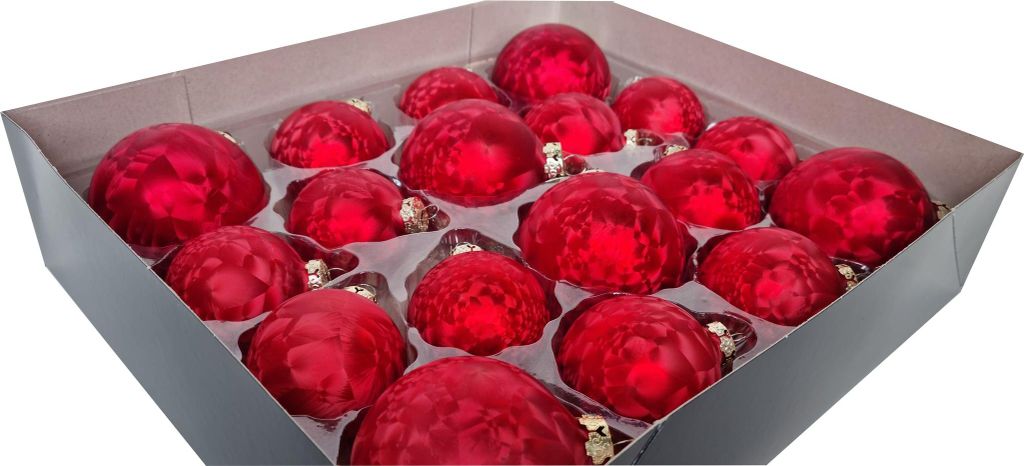 JACK by Thüringer Glas Weihnachtsbaumkugeln Glas Eislack 18 tlg. Set 3 Kugelgrößen Farbauswahl inkl. Haken, Farbe:Rot