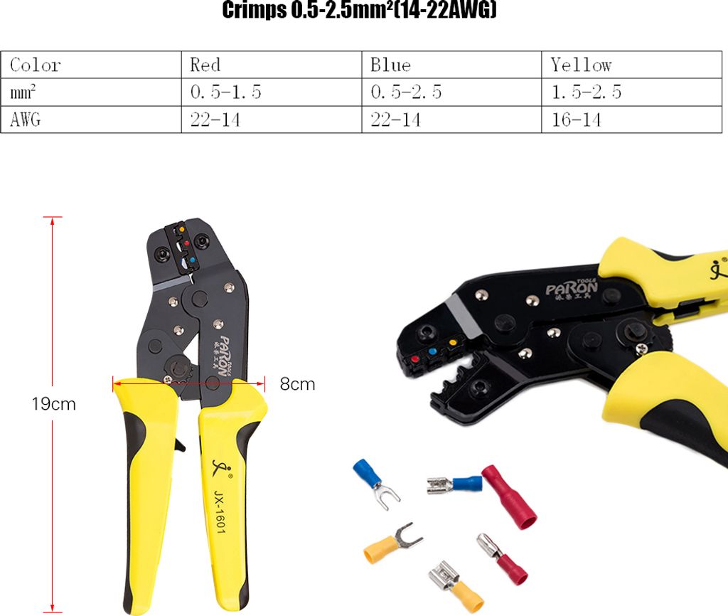 Crimpwerkzeug für Kabelschuhe Isolierte Ratschen-Crimpzange AWG22-14 mit 500 Stück männlichen und weiblichen Spatensteckern