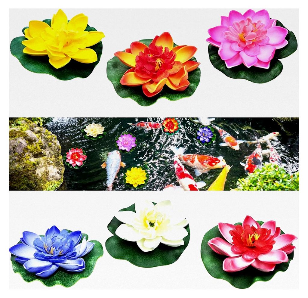 6 Stück Schwimmende Künstliche Seerosen Lotus Wasserlilien Pflanzen 10cm für Teich, Aquarium und Garten
