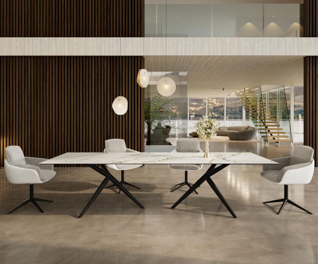 DELIFE Esstisch Edge 300x100 Keramik Calacatta Luxe Weiß-Gold-Grau Estelar rund Metall Schwarz