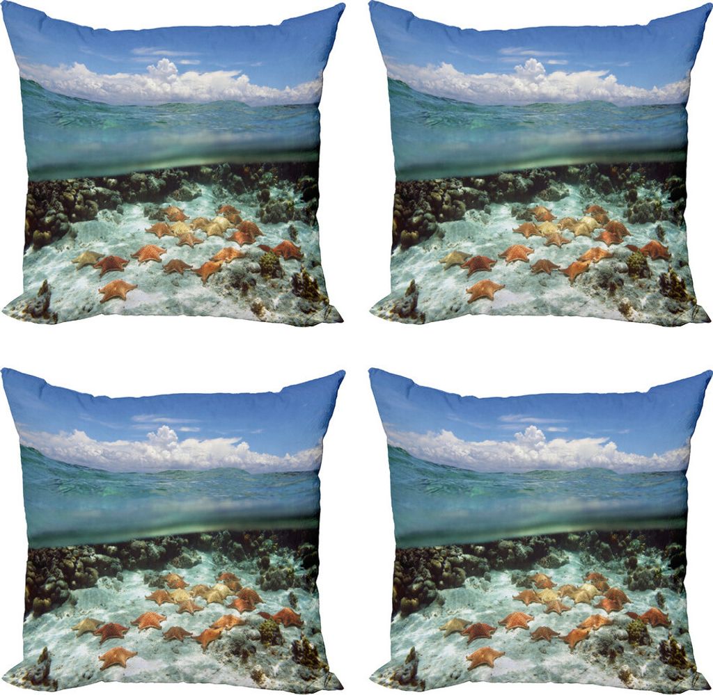 ABAKUHAUS Seestern Kissenbezug Set (4 Stück), Himmel-Wolken Meer, Moderner Doppelseitiger Digitaldruck, 60 cm x 60 cm, Mehrfarbig