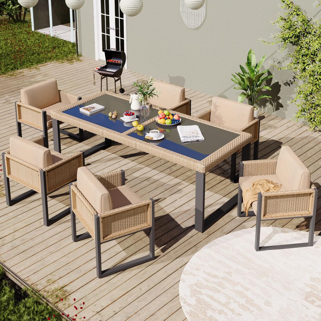 Sweiko Polyrattan-Esstisch- und Stuhlset, Gartenmöbel, 6-Personen-Garten-Essgruppe mit Sesseln, abnehmbare und waschbare Stoffbezüge