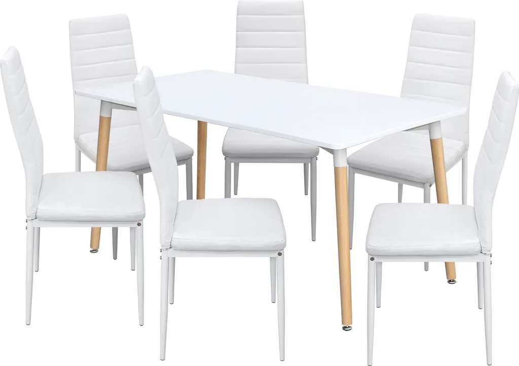 Table rectangulaire blanche 160 cm avec 6 chaises SIGMA confortables