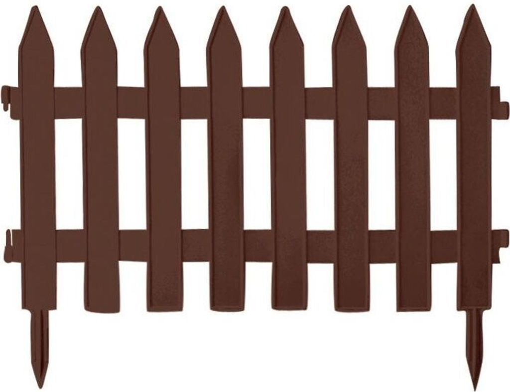 A brown plastic garden fence segment with pointed pickets and stakes for insertion into the ground.