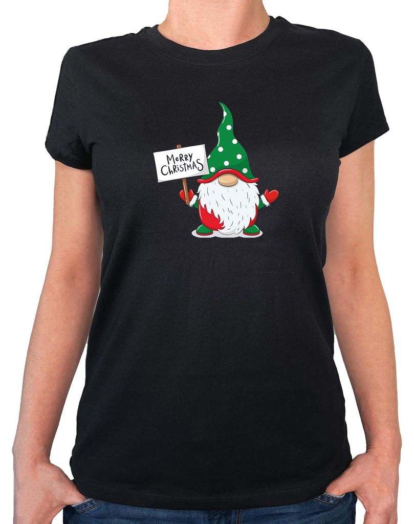 Huuraa Damen T-Shirt Wichtel Merry Christmas L Black Bio Baumwolle Fairtrade Damenshirt Geschenkidee
