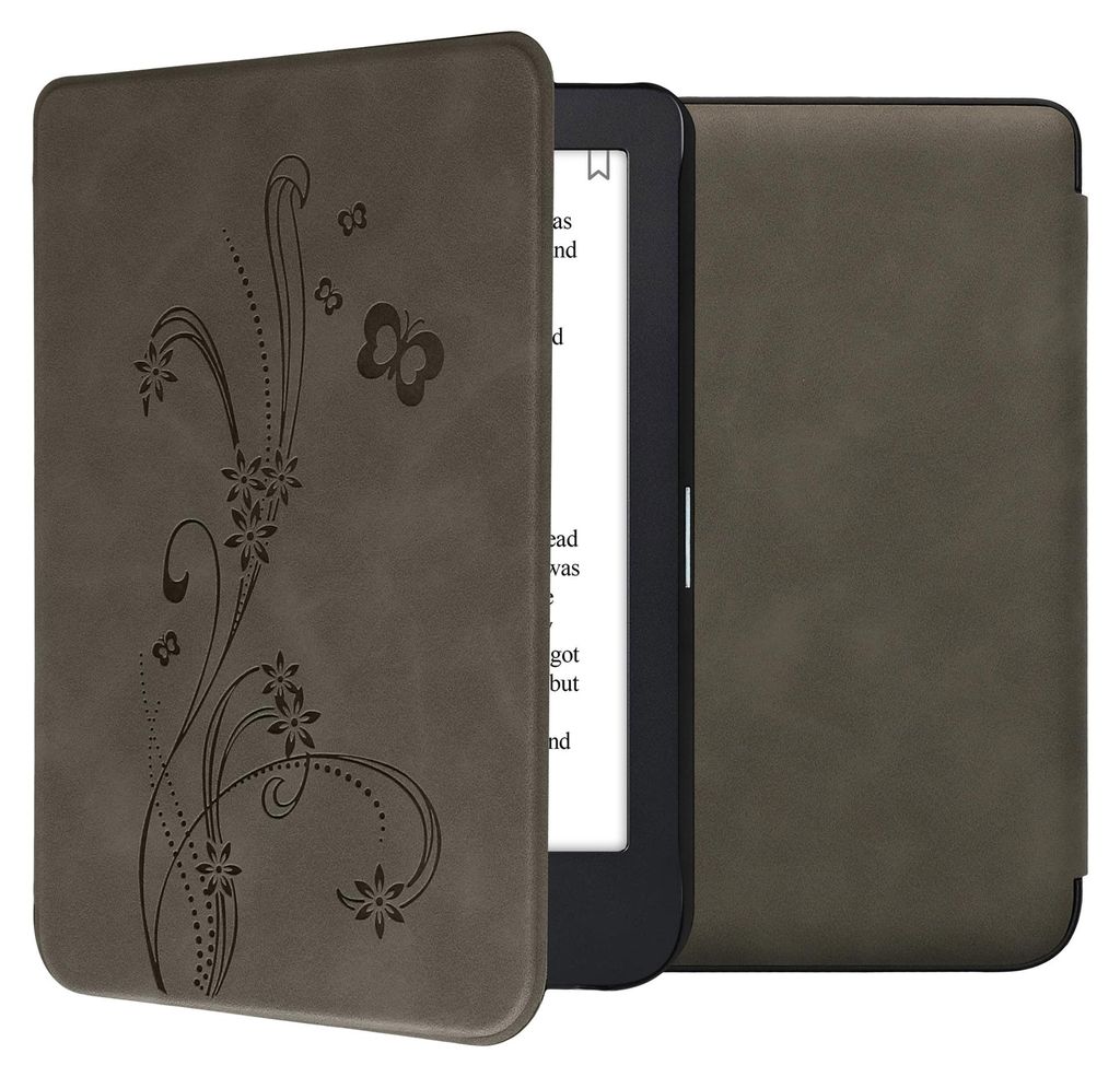 kwmobile Schutzhülle für Kobo Clara 2E / Tolino Shine 4 Hülle - eReader Case aus Kunstleder mit Auto Sleep Funktion - Ranken Schmetterling mit Grau