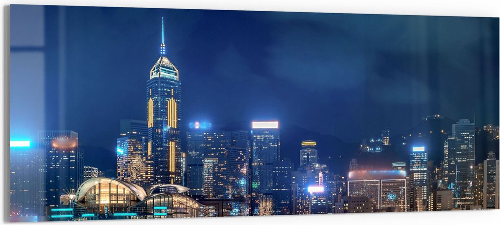 DEQORI Glasbild Echtglas 150x60 cm 'Hongkongs Skyline nachts' Wandbild Bild modern Deko
