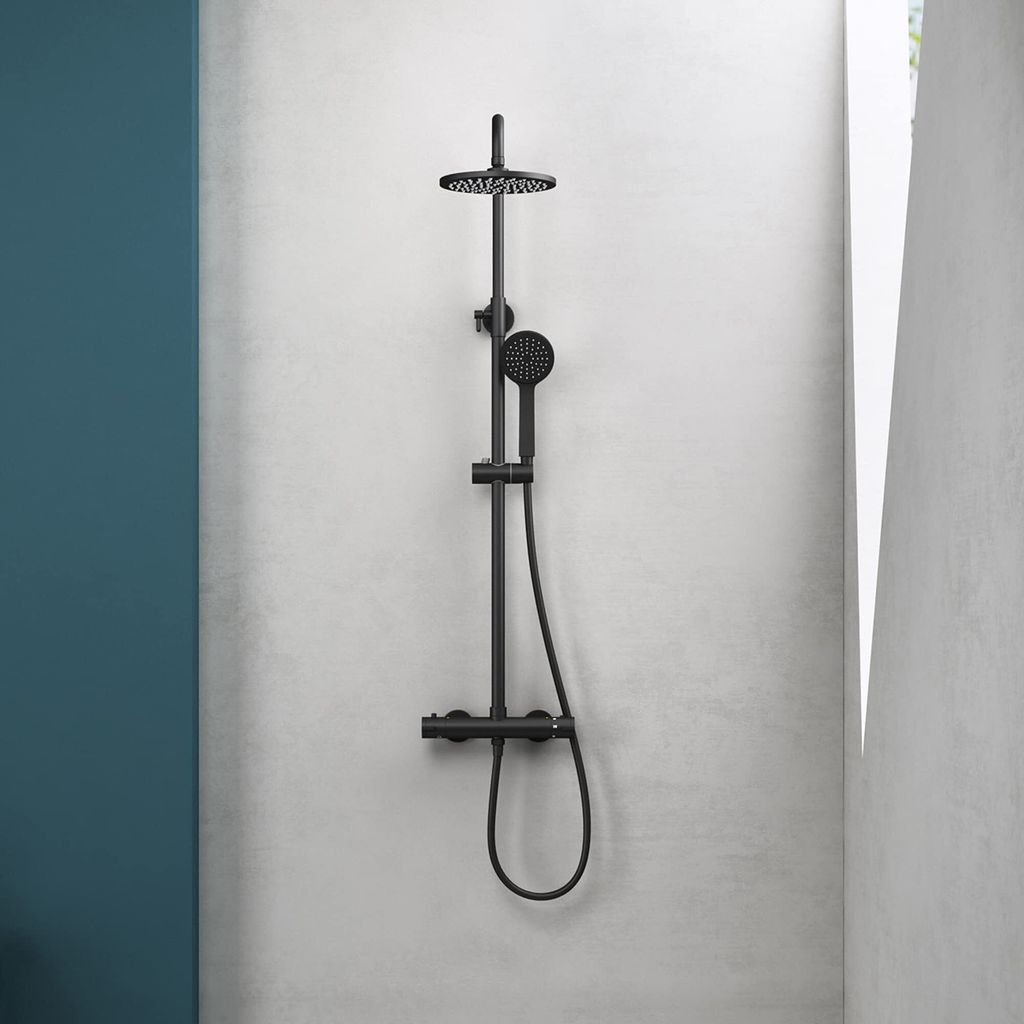 Mai & Mai Wassersparende Regendusche Wellness-Duschsystem schwarz matt mit rundem Duschkopf (Ø 20cm) Dusch-Set mit Handbrause & Einhebelmischer