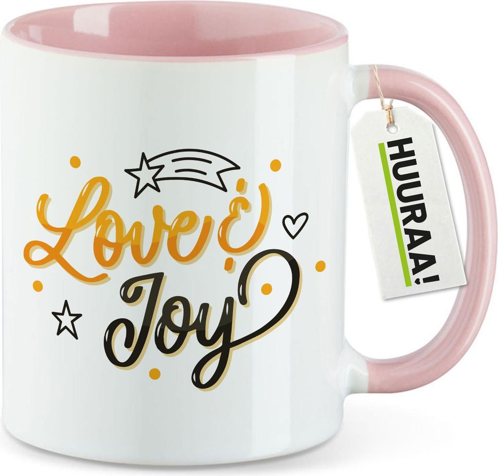 Huuraa Kaffeetasse Love & Joy Schriftzug 330ml Rosa Keramik Kaffeebecher Geschenkidee