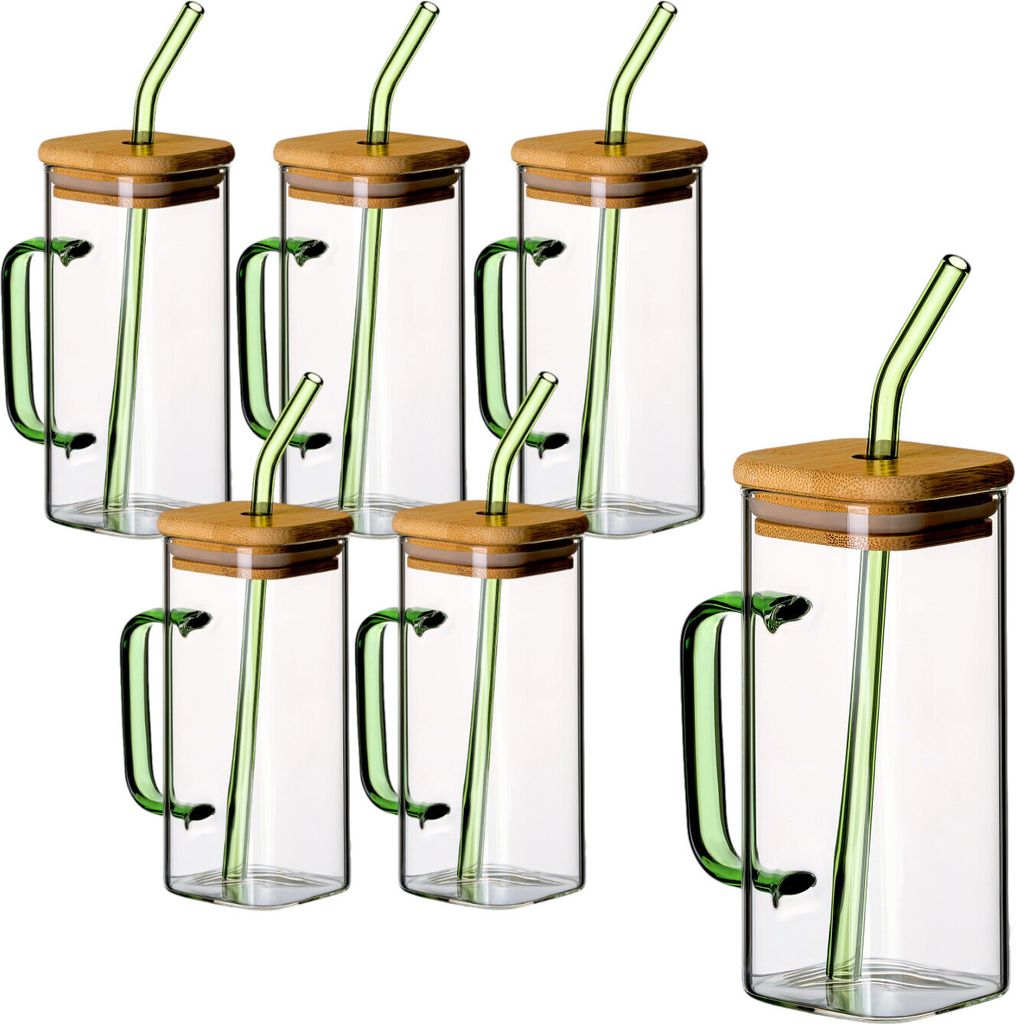 gouveo 6er Set Trinkgläser 350 ml grün mit Henkel, Deckel Produktbild 1