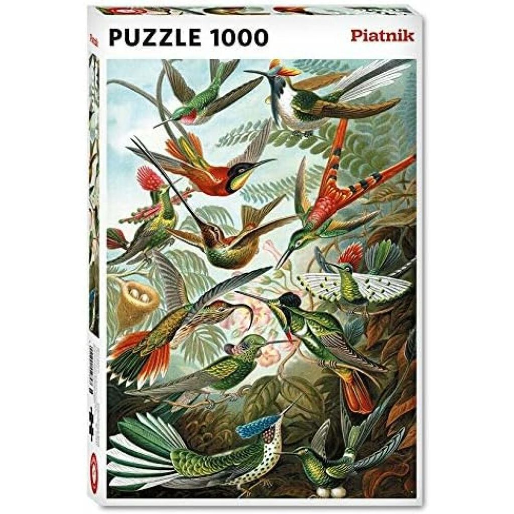 A puzzle box featuring a detailed illustration of numerous hummingbirds in flight amidst foliage.