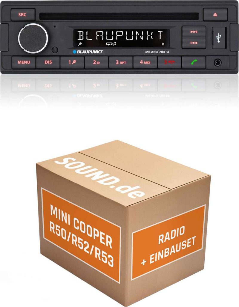 Autoradio Blaupunkt Milano 200 BT passend für Mini Cooper R50/R52/R53 + Professional OEM Navigation Quadlock | Bluetooth USB