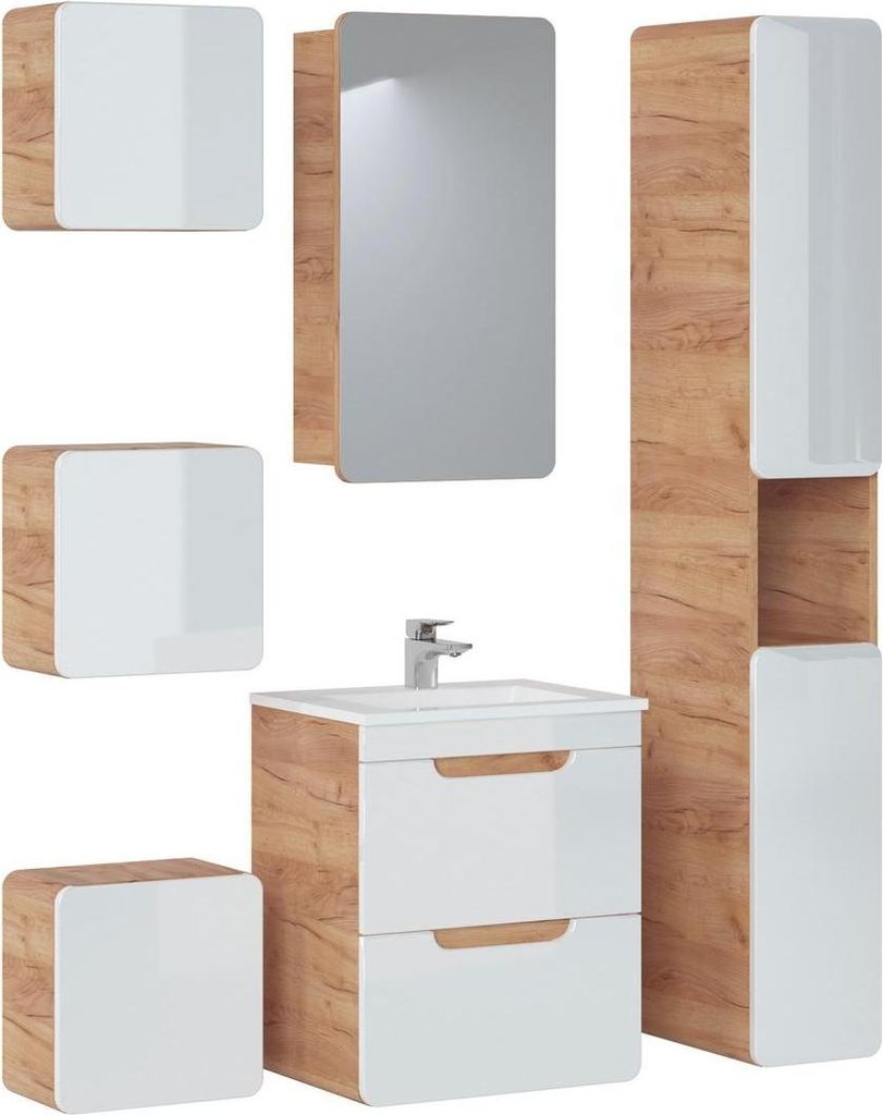 Design Badezimmer Möbel Bad 6tlg. Set Garnitur Schrank Waschbecken Beleuchtung