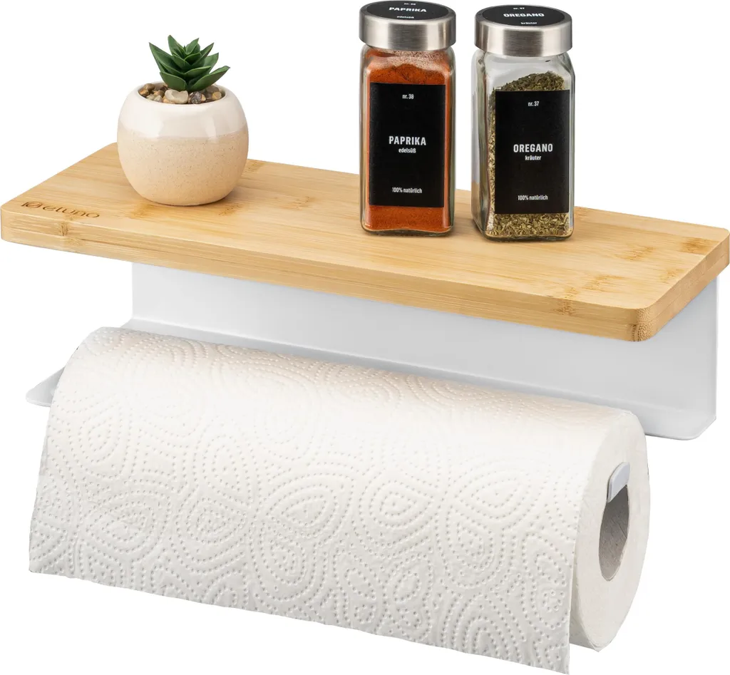 Portarotolo da cucina eluno con ripiano in bambù per montaggio a parete - per rotoli da cucina, rotoli di carta igienica, in metallo bianco