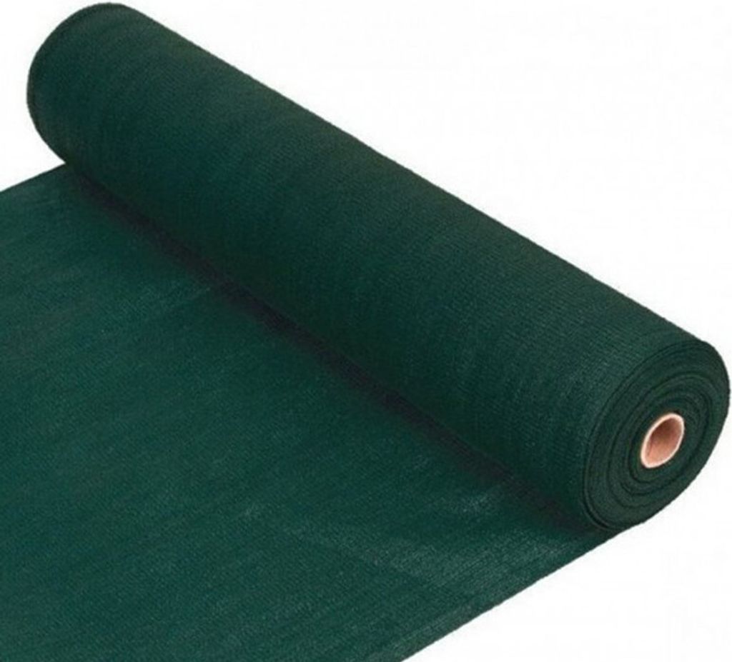 A roll of dark green mesh fabric is shown on a white background.