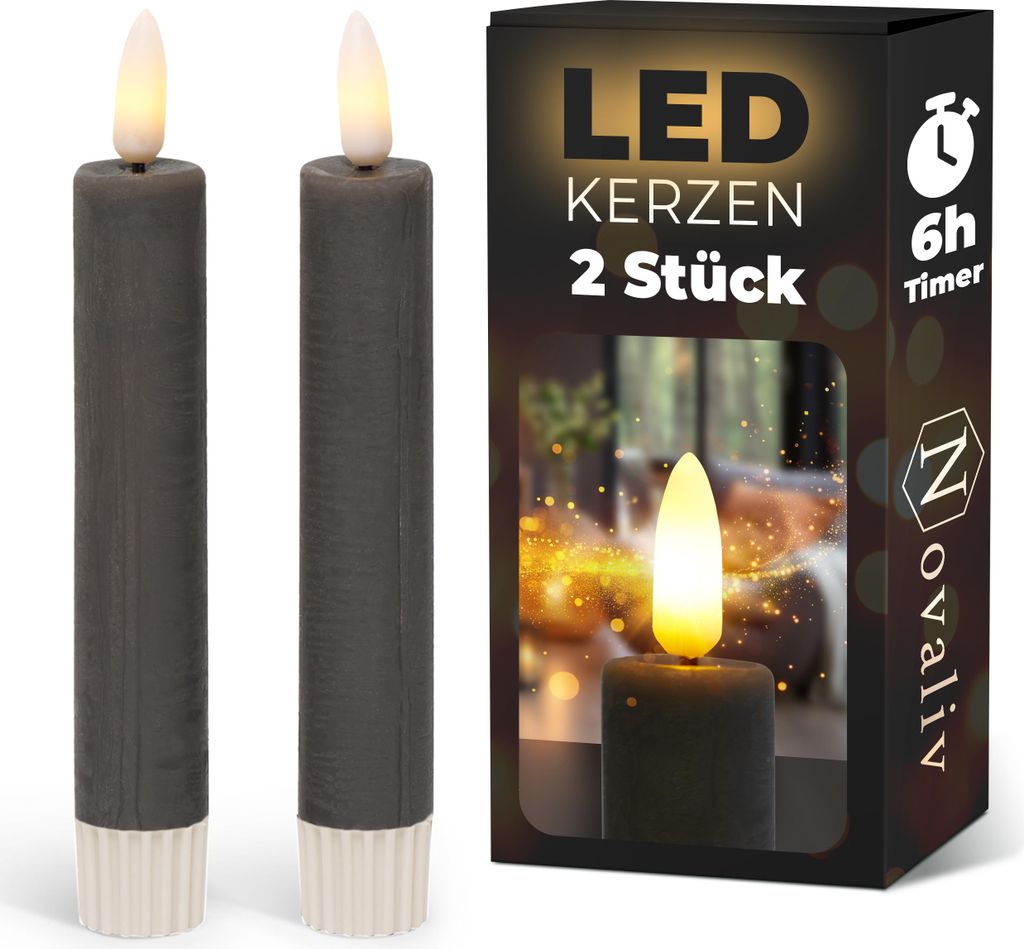 Stabkerzen LED mit Timer GRAU 2er indoor mit Timer Funktion 6 Stunden ECHTWACHS 15cm Höhe für Kerzen 2,2cm Durchmesser 2 AAA Batterien notwendig ...