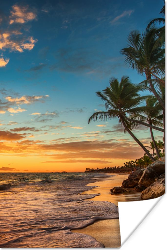 MuchoWow Poster Strand - Sonnenuntergang - Meer - Palme 60x90 cm - Wanddekoration