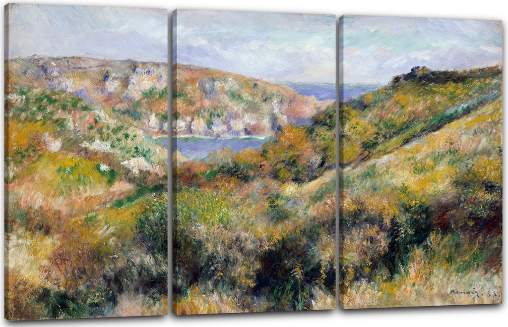 Leinwandbild 3-teilig (120x80cm): Pierre-Auguste Renoir - Hügel um die Bucht von Moulin Huet, echter Holz-Keilrahmen inkl. Aufhänger, handgeferti...