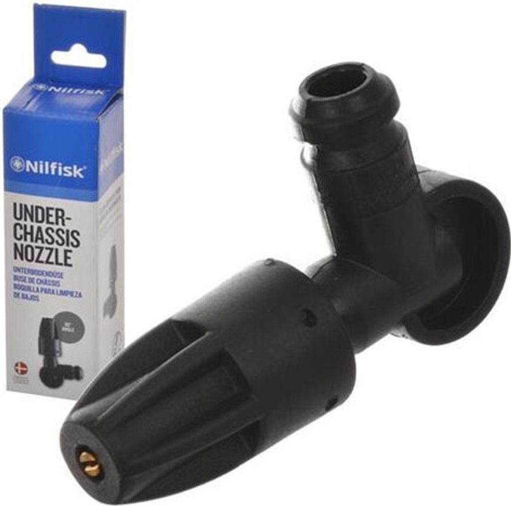 A Nilfisk under-chassis nozzle and its packaging are displayed against a white background.