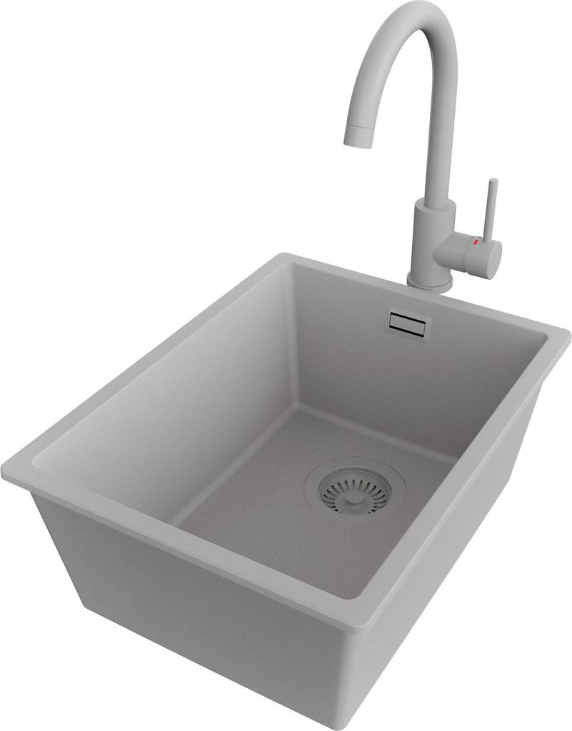 PRIMAGRAN Unterbauspüle Granit Grau 36x47cm, Spülbecken 1 Becken + Küchenarmatur 32x20cm + Ablauf-Set, Granitspüle ab 40er Unterschrank - London