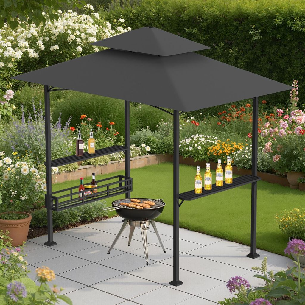 Peviasot Grillpavillon mit Doppeldach 238x148x250 cm Schwarz, BBQ Pavillon mit Seitenregalen, Metallkorb, Haken & Flaschenöffner