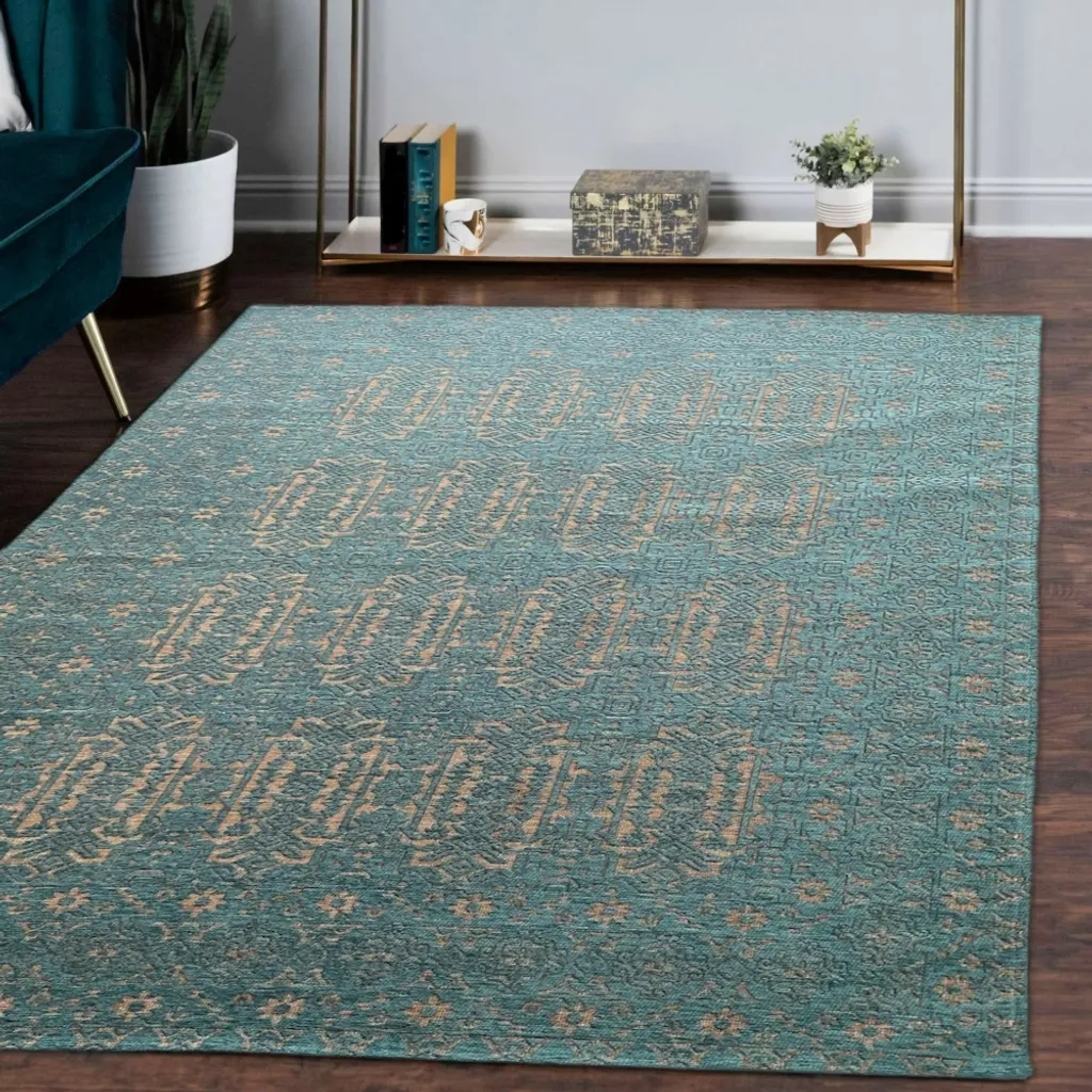 Tapis de salon pétrole et doré 160x230 cm avec bordure classique chic