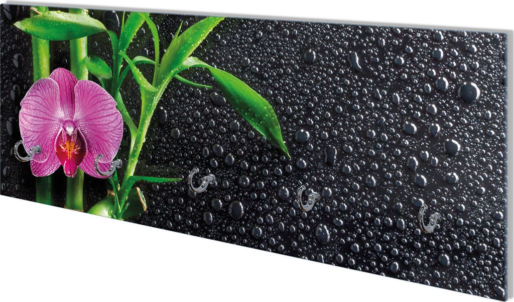 Wallario Flurgarderobe Wandgarderobe aus Glas, mit 5 Haken, Größe 80 x 30 cm, Motiv Bambus und pinke Orchidee auf schwarzem Glas mit Regentropfen