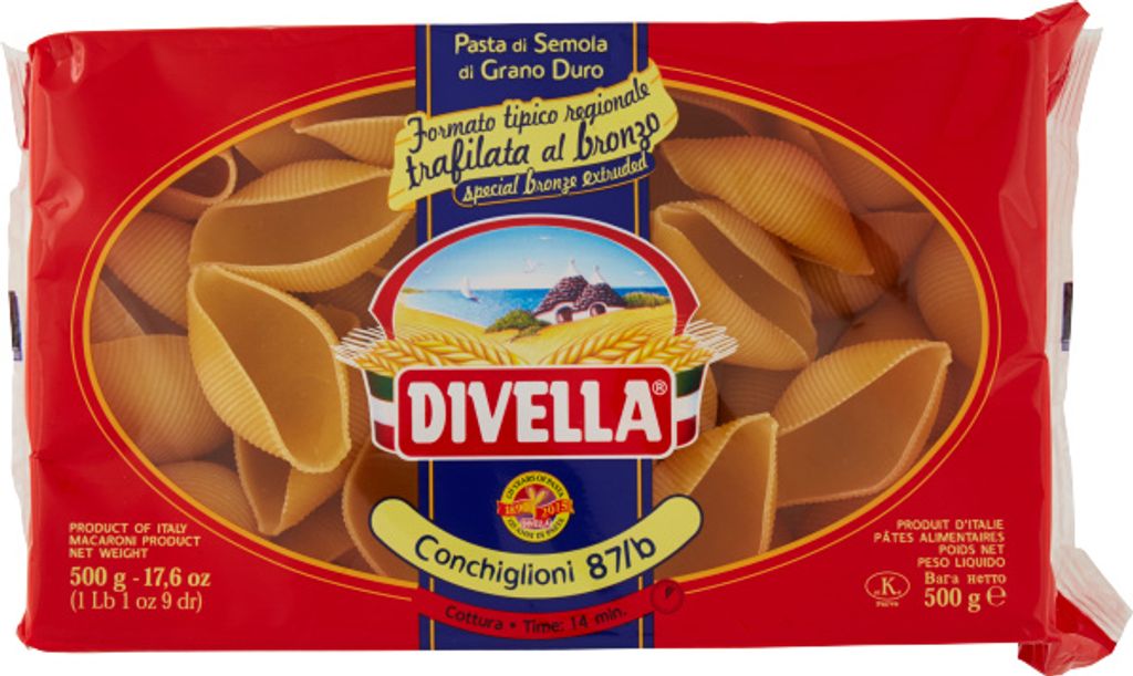 A package of Divella Conchiglioni pasta.
