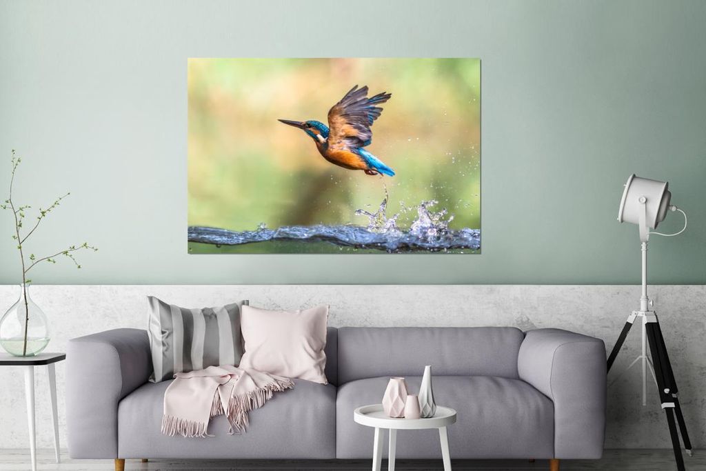 MuchoWow Wanddekoration Metall Metallbild Wandkunst 120x80 cm Eisvogel - Wasser - Fliegen MuchoWow Aluminium Gemälde - Alu Bild