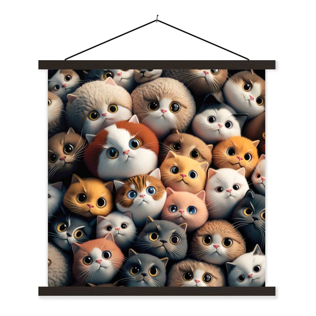 MuchoWow Textilposter Katze - Design - Braun - Grau - Kinder 120x120 cm mit schwarzem Rahmen - Aufhängungsset