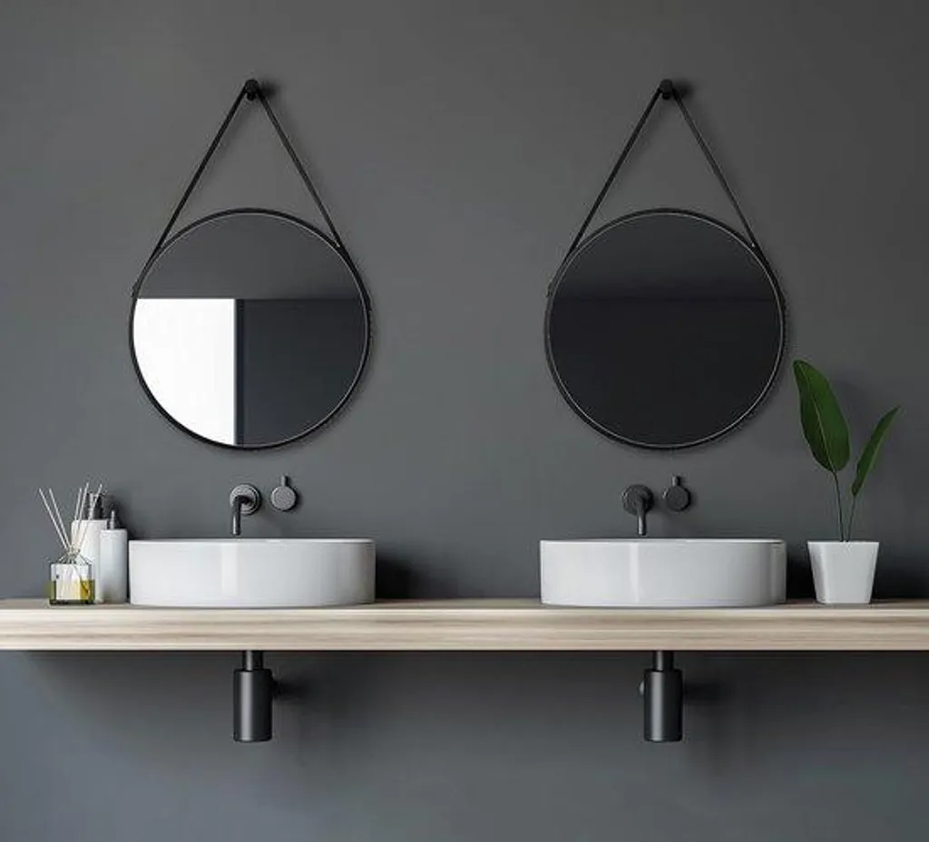 Miroir rond en aluminium 50 cm avec sangle en cuir noir - Modèle LUNA
