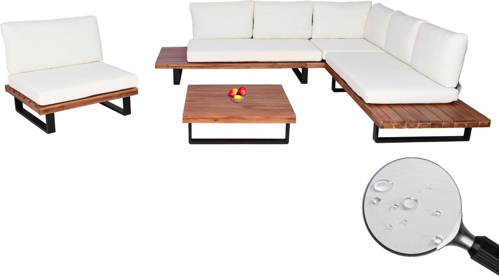 Garten-Garnitur mit Sessel HWC-H54, Lounge-Set Sofa, Spun Poly Akazie Holz MVG Aluminium braun, Polster cremeweiß