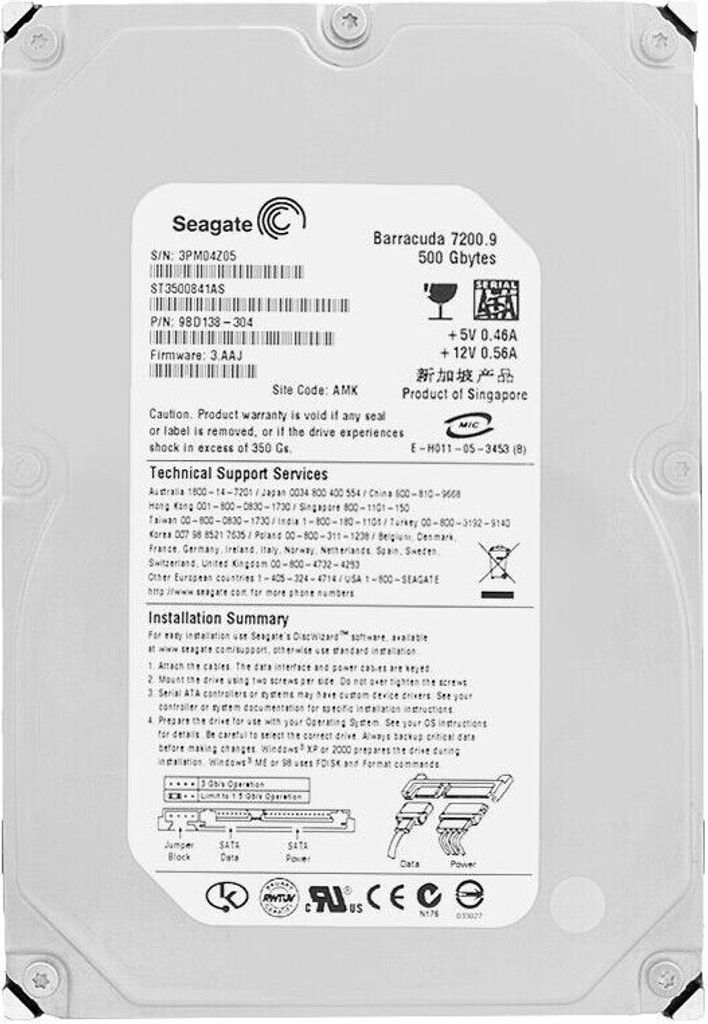 Festplatte Seagate 500GB ST3500841AS 8 Mb Cache 7200 Rpm Sata II 3,5" Zoll