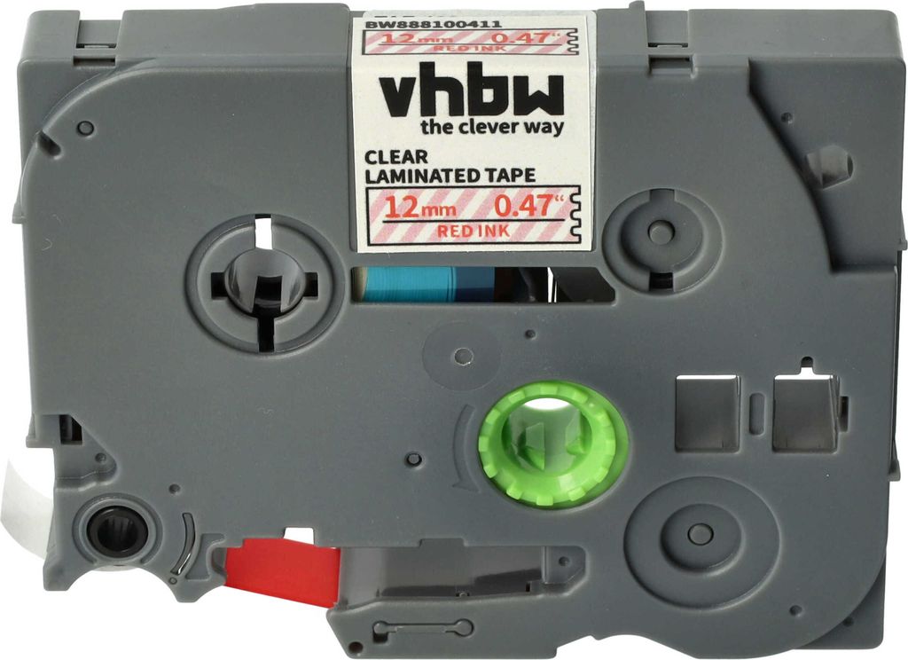 vhbw Schriftband-Kassette kompatibel mit Brother PT E300VP, E500, E300, E500VP, E550W Etiketten-Drucker 8m x 12mm Rot auf Transparent, Laminiert