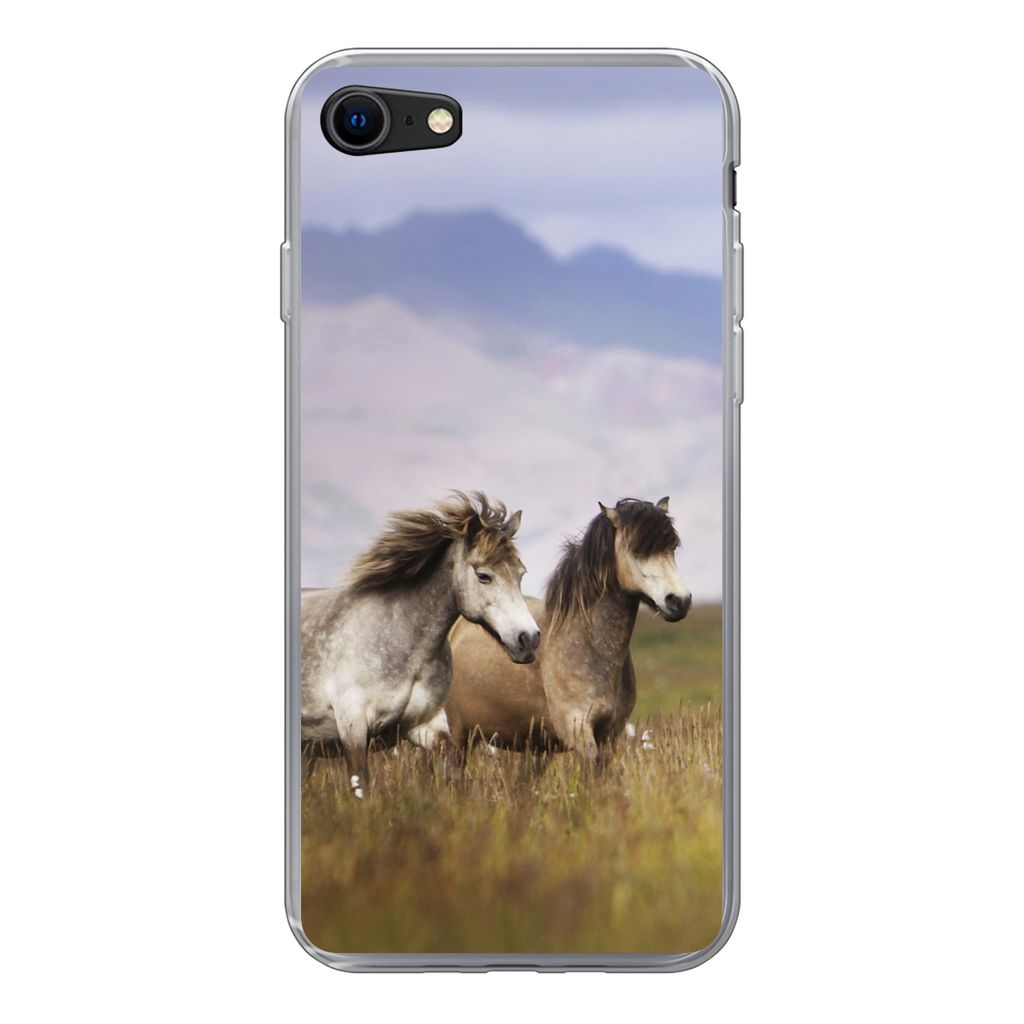 MuchoWow Handyhülle Schutzhülle Hülle für iPhone SE 2020 Pferde - Gras - Berge Silikon Softcase Handy Hülle - Kartenbesitzer