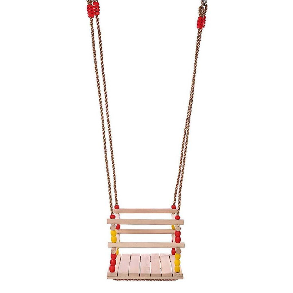 A wooden swing for children, suspended by ropes.