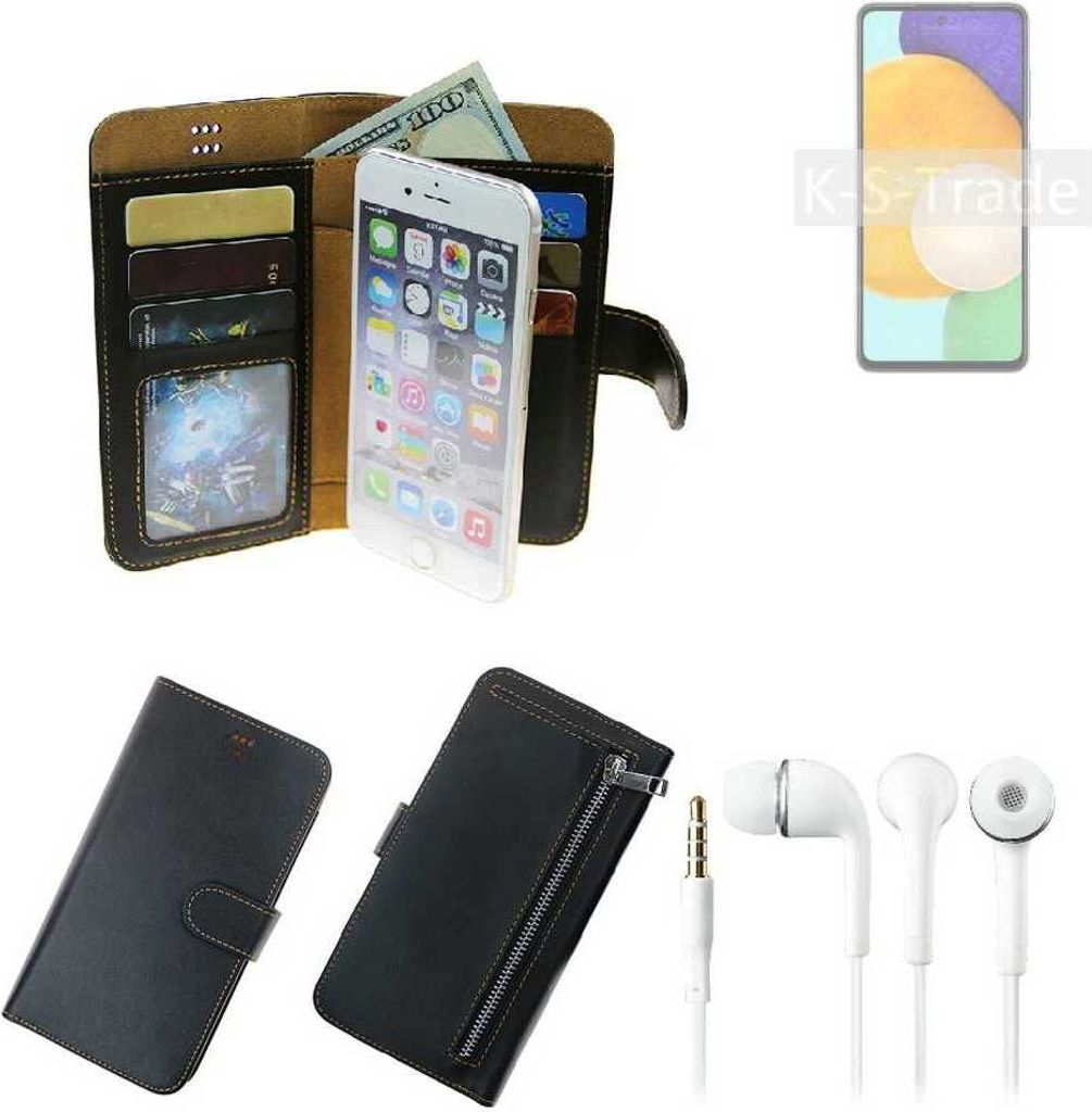 TOP SET Handy Hülle Schutz Hülle kompatibel mit Samsung Galaxy A52 5G schwarz aus Kunstleder + Kopfhörer Smartphone Tasche vollwertige Geldbörse