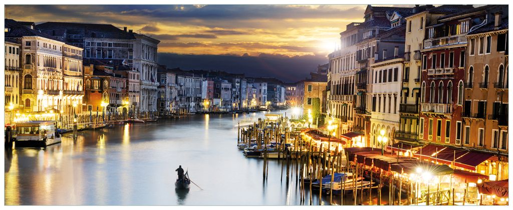 Wallario Wandbild aus Acryl, 125 x 50 cm, freischwebende Optik - Canal Grande in Venedig am Abend mit untergehender Sonne
