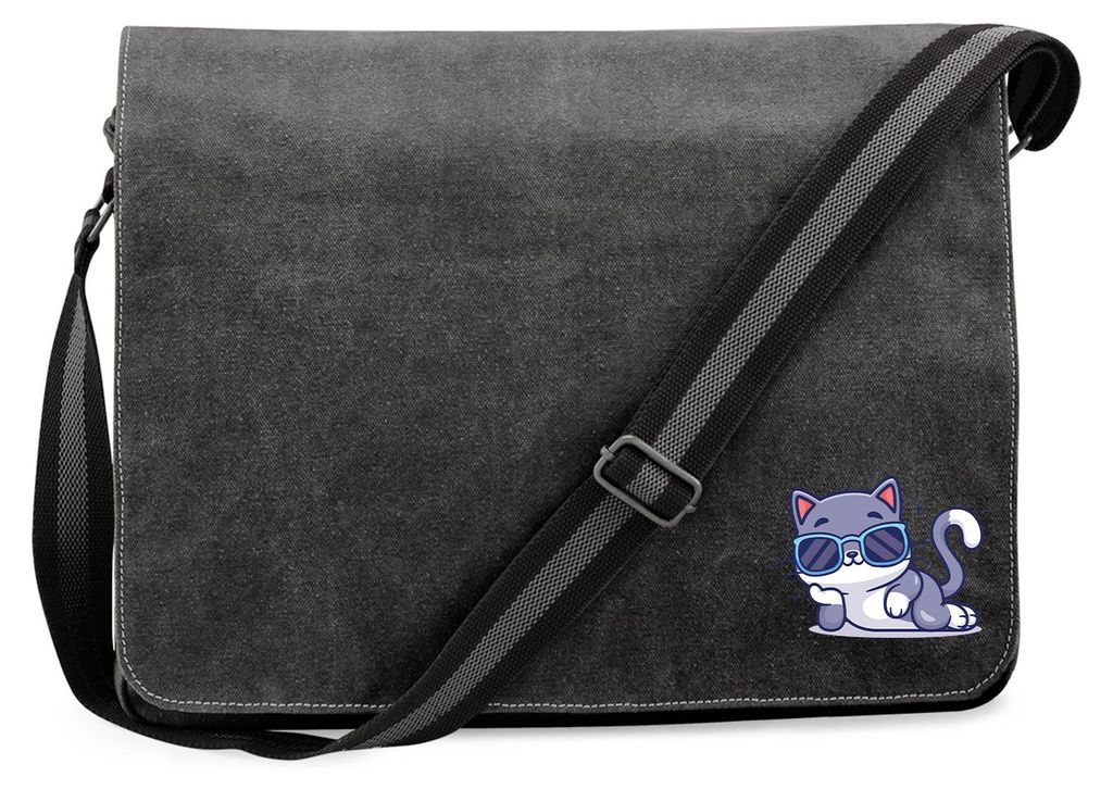 Huuraa Umhängetasche Cool Cat Comic 14 Liter Black Canvas Laptoptasche Geschenkidee