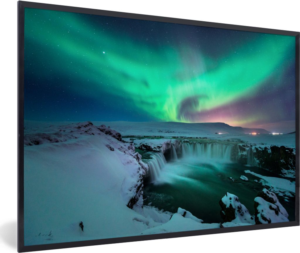 MuchoWow MuchoWow Gerahmtes Poster Nordlichter - Schnee - Natur - Island 90x60 cm - Poster mit zchwarzem Bilderrahmen - Fotorahmen - Foto-Plakat