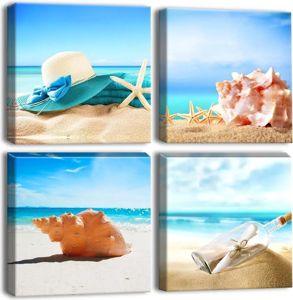 Tableau multi-panneaux plage et coquillages - Quadriptyque 30x30cm