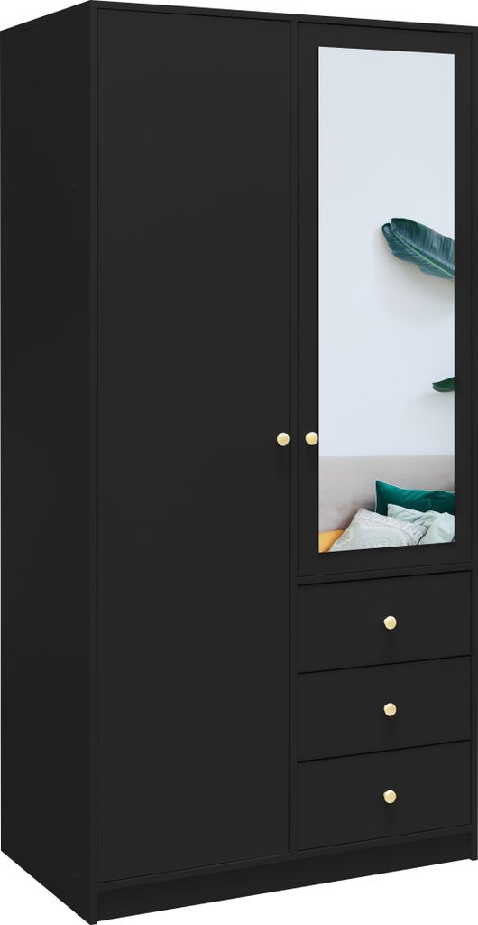 Albello Kleiderschrank mit Spiegel Selly Schlafzimmerschrank Kleiderschrank für das Wohnzimmer Schwarz Golden 100x200x57,5
